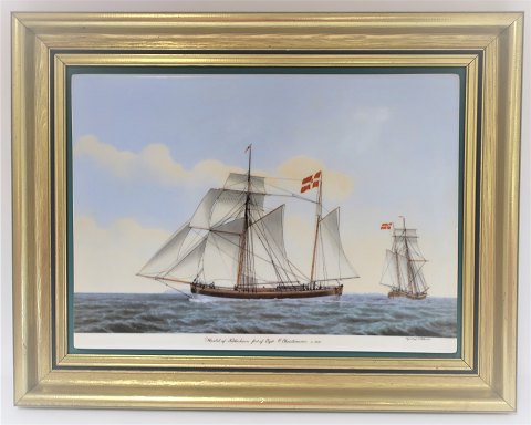 Bing & Grondahl. Porcelain. Danish ship portraits. Image of "Haabet". 
Dimensions: Width 38 * 30 cm. 3500 have been produced and this one is no. 371