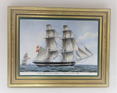 Bing & Grondahl. Porcelain. Danish ship portraits. Picture of Briggen "Sara". 
Dimensions: Width 38 * 30 cm. 3500 have been produced and this is no. 132.