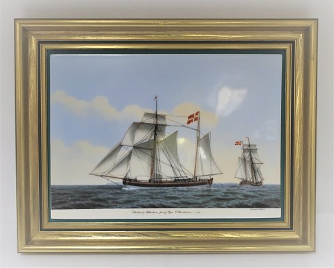 Bing & Grondahl. Porcelain. Danish ship portraits. Image of "Haabet". 
Dimensions: Width 38 * 30 cm. 3500 have been produced and this one is no. 6