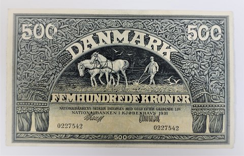 Danmark. Pengeseddel 500 kr. 1931. Ucirkuleret