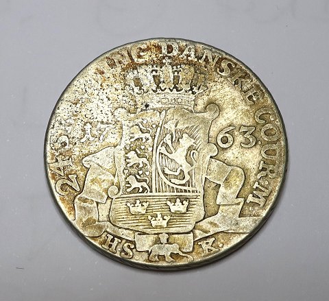 Danmark. Frederik V. Sølv 24 skilling fra 1763.